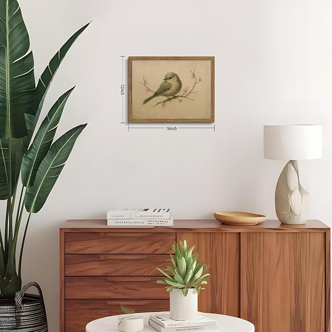 Vintage Bird Wall Art, Cherry Blossom Spring Pictures Canvas Wall Decor, Rustic Farmhouse Bird Animal Artwork Print Poster for Living Room Bedroom Bathroom 12x16 Inch Framed
