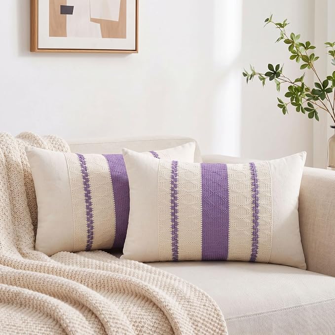 Fancy Homi Set of 1 Boho Lavender Lumbar Decorative Throw Pillow Cover 12x20 Inch for Couch Bed Sofa Chair, Modern Organic Farmhouse Home Decor, Soft Cotton Cute Accent Rectangle Cushion Case