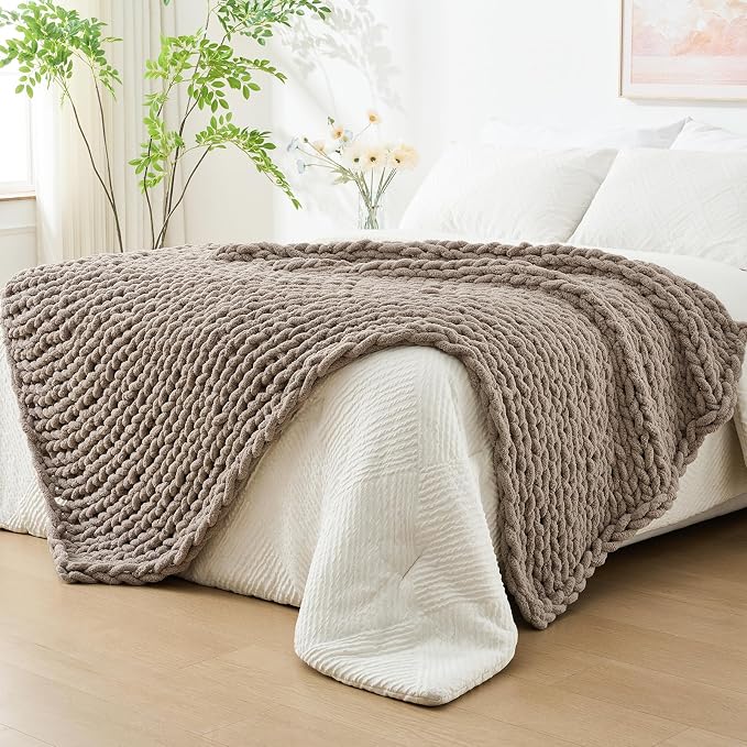 Bigacogo Chunky Knit Throw Blanket for Couch, 80x90 inches, Taupe | Hand Knit with Jumbo Chenille, Soft Breathable Cable Knit for Sofa Bed Living Room, Machine Washable, Gift for Mom Friend