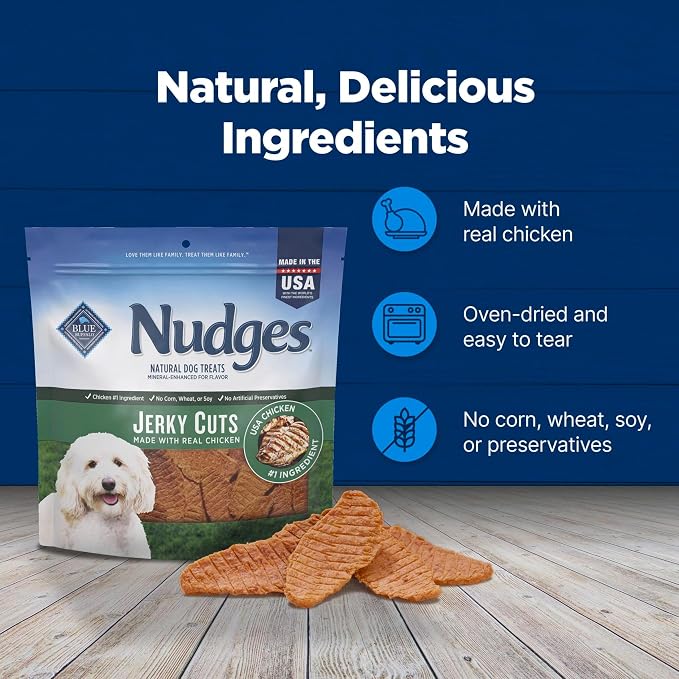 Blue Buffalo Nudges Jerky Bites Dog Treats, Made in the USA with Natural Ingredients, Bite-Sized Pieces, Chicken, 16-oz Bag, (Pack of 4)