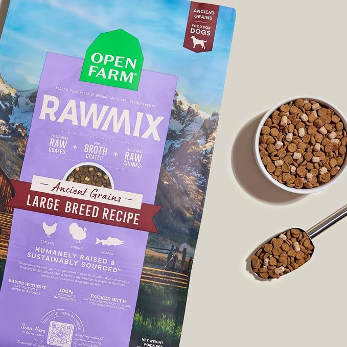 Open Farm RawMix Ancient Grains Dry Dog Food, Large Breed Kibble, 20lb Bag | Wild Caught Salmon, Humanely Raised Chicken & Turkey, Freeze Dried Raw Chunks, 100% Traceable Ingredients.