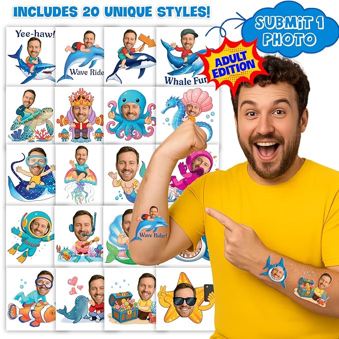 Custom Ocean Temporary Tattoos for Kids - Personalized Pre-Cut Face Photo Tattoos - Fun Birthday Party Favors for Boys Girls, Ocean Lovers - Set of 20 Unique Celebration Gifts