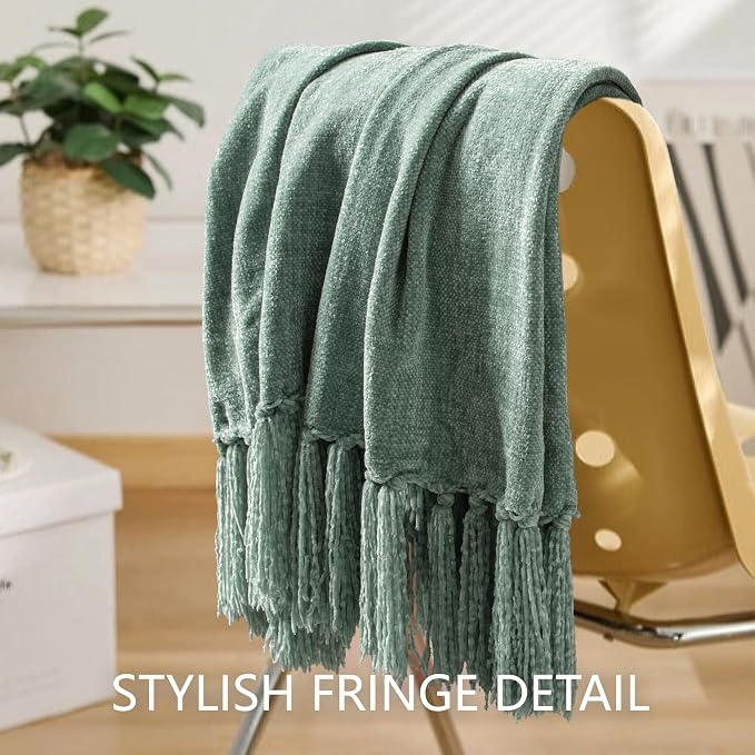 Chenille Throw Blanket for Couch 50" x 60", Sage Green | Soft Cozy Warm Throws with Fringe Tassel, for Living Room Bed Sofa Chair Cover, Lightweight Knitted Decorative Boho Blankets