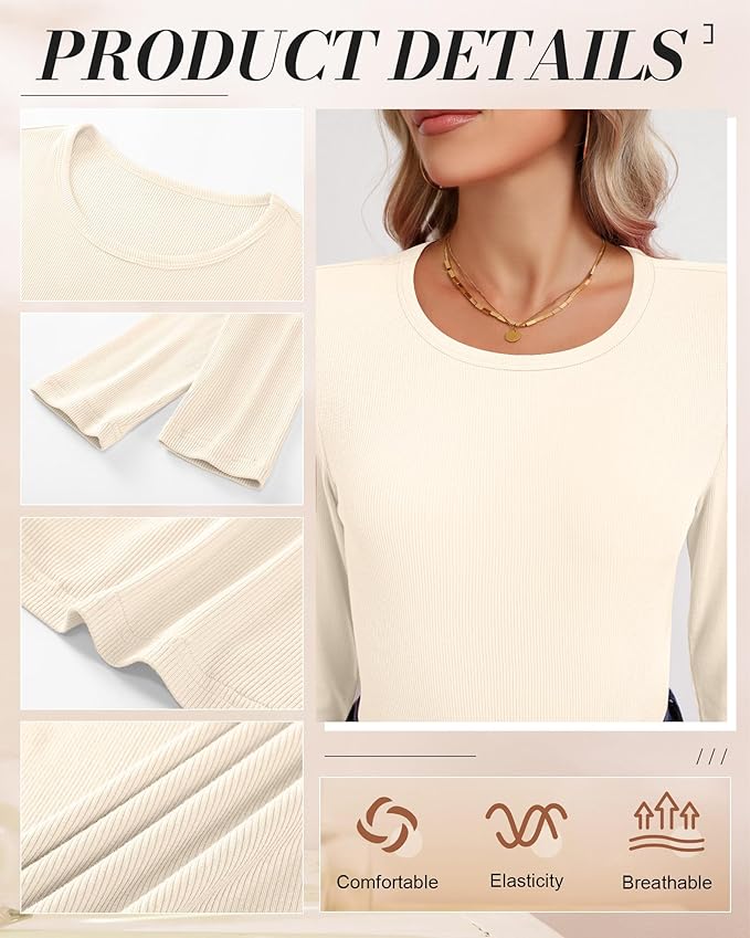 Ficerd 3 Pack Women's Ribbed Long Sleeve Tops, Crew Neck Slim Fit Undershirts Knit Basic Casual Stretch Layering Tee Shirts