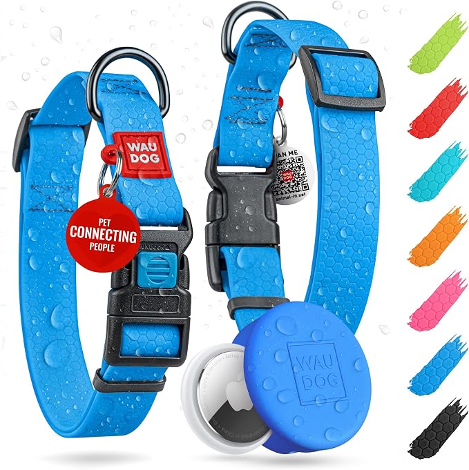 WAUDOG Waterproof Dog Collar - Adjustable Collar with Air Holder and QR Tag for Large, Small and Medium Breeds