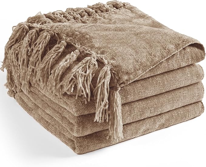 Chenille Throw Blanket for Couch 50" x 60", Taupe | Soft Cozy Warm Throws with Fringe Tassel, for Living Room Bed Sofa Chair Cover, Lightweight Knitted Decorative Boho Blankets