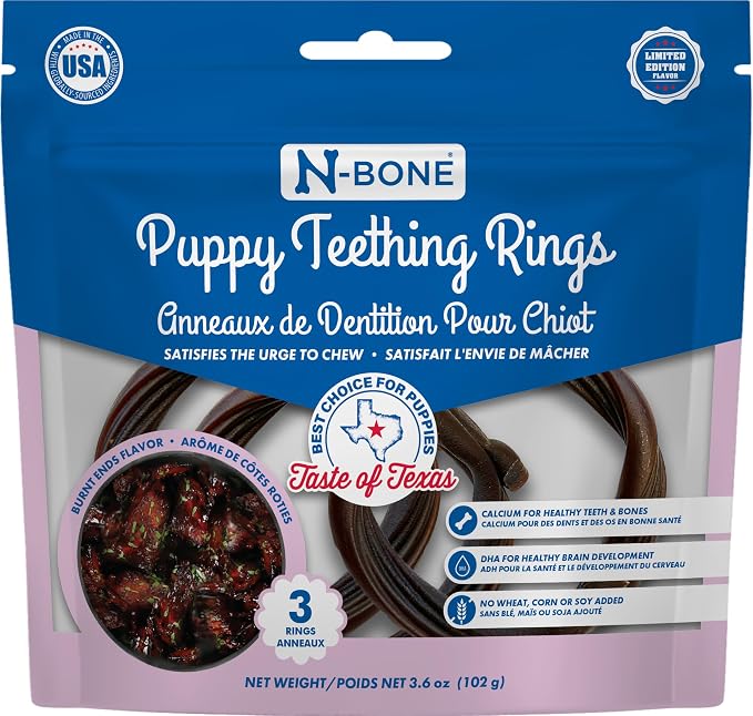 N-Bone Puppy Teething Rings, Taste of Texas Burnt Ends Flavor, Natural Puppy Teething Chews, Helps Soothe Teething Gums, Calcium Enriched Chew Treats, 3 Rings