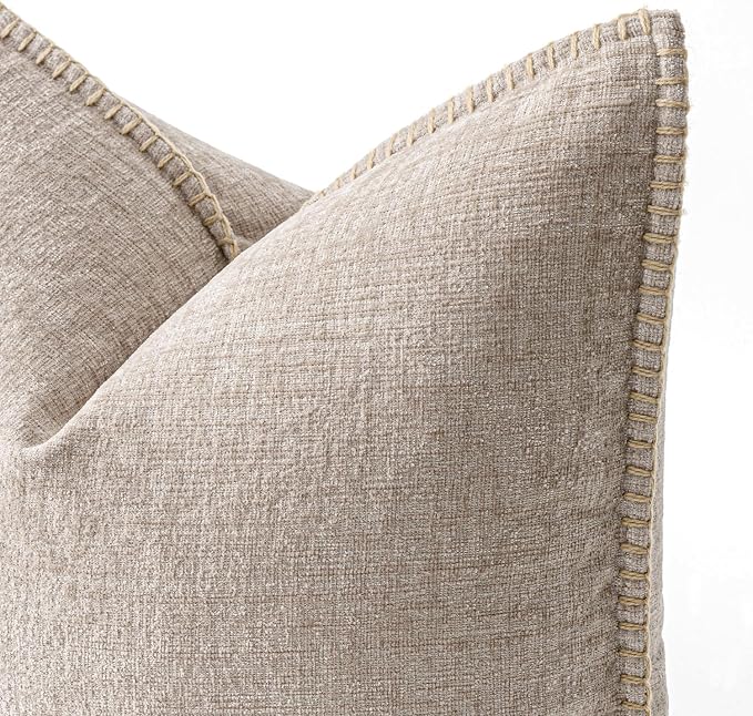 MIULEE Decorative Couch Throw Pillow Covers 18x18 Inch Taupe 2 Pack | Farmhouse Pillow Covers with Stitched Edge, Soft Chenille Cushion Cases, for Sofa Bed Living Room Home Decor