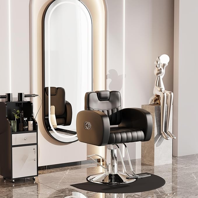Baasha Ergonomic Black and Silver Salon Chair with Comfortable Thickened Cushions, Heavy Duty Reclining Stylist Chair for Hair braiding, Extensions, Tattooing, Weight Capacity 440 lbs