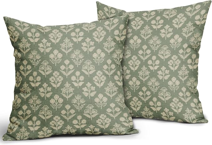 Sage Green Floral Block Print Pillow Covers 20x20 Inch Set of 2, Vintage Flower Pattern Decorative Throw Pillowcases Outdoor Farmhouse Cushion Covers Spring Summer Rustic Sofa Couch Bed Decor