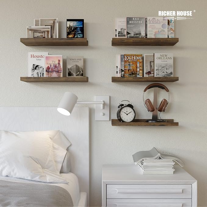 RICHER HOUSE 5-Set Floating Shelves with Lip, Brown Wall Mounted Wood Shelf | Display Picture Ledge Shelf, Anti-drop lip Shelf for Room Wall Decor, Bedroom Bathroom Storage Nursery Books, Easy Setup 16in