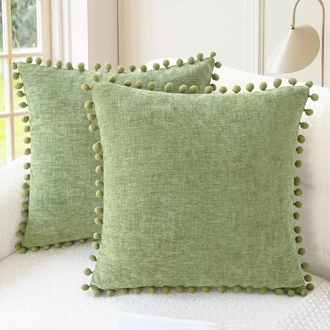 CaliTime Decorative Couch Throw Pillow Covers 22 X 22 Inches Sage | Pack of 2, Cozy Chenille Cushion Cases, with Pom Poms for Sofa Bed Living Room Farmhouse Home