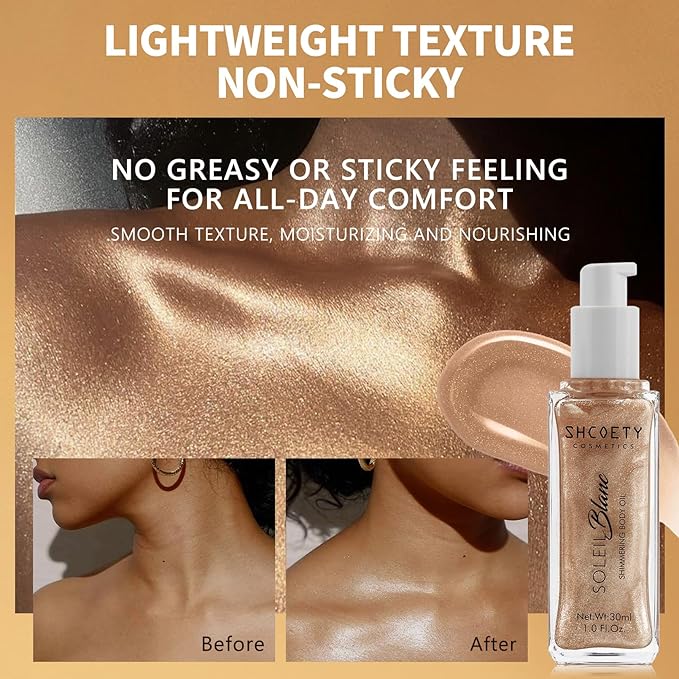 Shimmer Body Oil with Vitamin E, Body Glow Oil for Women, Long Lasting Waterproof & Moisturize for All Skin, Liquid Highlighter Makeup with Brush, Travel Size for Date, Wedding, Party, Rose Gold