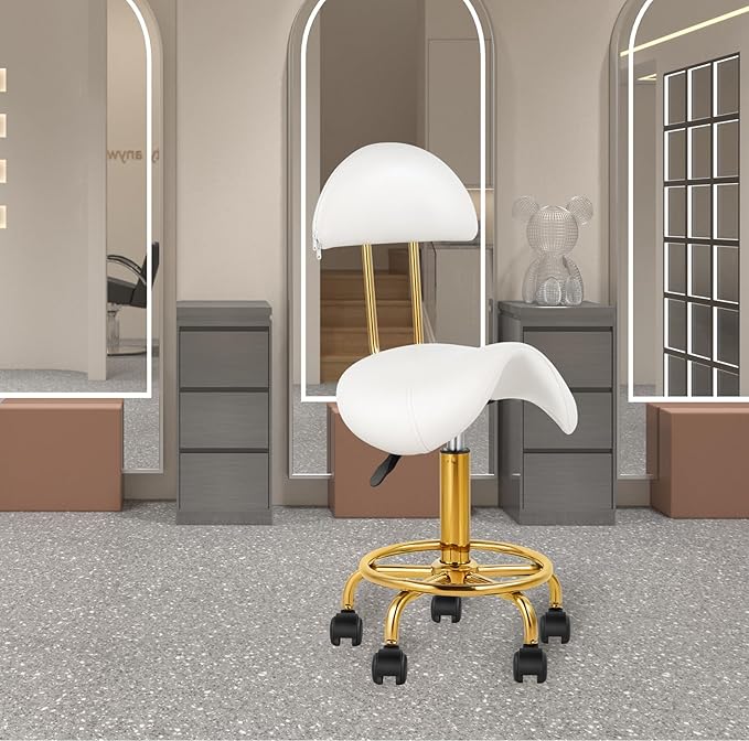 Saddle Chair Rolling Swivel Chair with Soft Comfortable Cushion and Wheels Hydraulic Stool for Home Office Tattoo Salon Shop Use White with Backrest