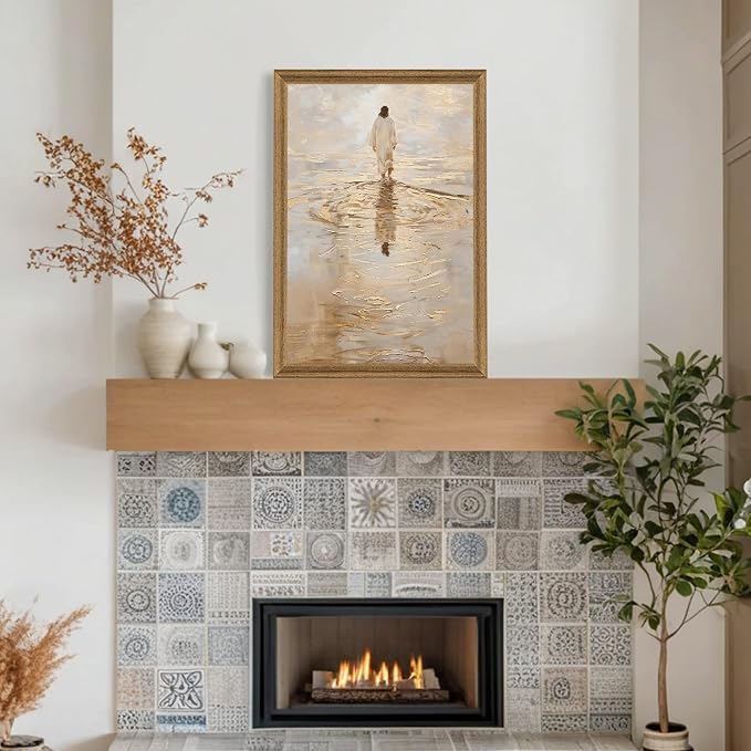 Fantasy Artists Christian Wall Art – Jesus Walking on Water Inspirational Painting, Warm Gold Faith Artwork for Home & Prayer Room, Religious Decor Symbolizing Hope, Trust & Divine Strength, 20W X 30H