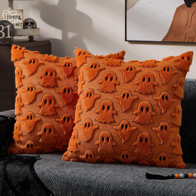 DFXSZ Halloween Pillow Covers 18x18 inch 2Pcs Orange Black Ghost Halloween Decor