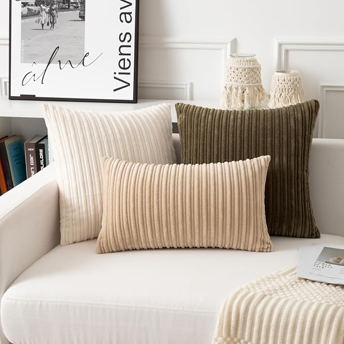 UGASA 14x24 Inch Pillow Cover Pack of 1 Soft Boho Stripe Corduroy Long Rectangular Lumbar Cushion Cover Farmhouse Decorative Throw Pillowcase for Bed, Couch, Sofa, Bedroom, Living Room, Beige