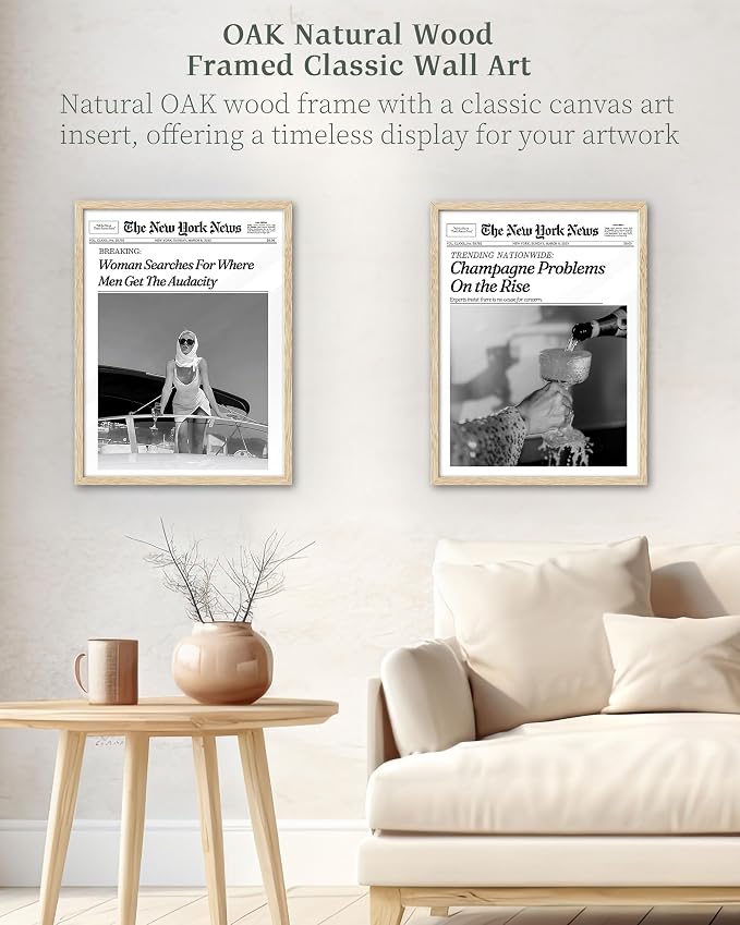 iHery 8x10in Champagne Problems on the Rise Framed Newspaper Art | Natural OAK Wood Frame with Canvas Print, Vintage Champagne Decor for Bar Cart, Kitchen, Living Room and Bathroom, 1Pack