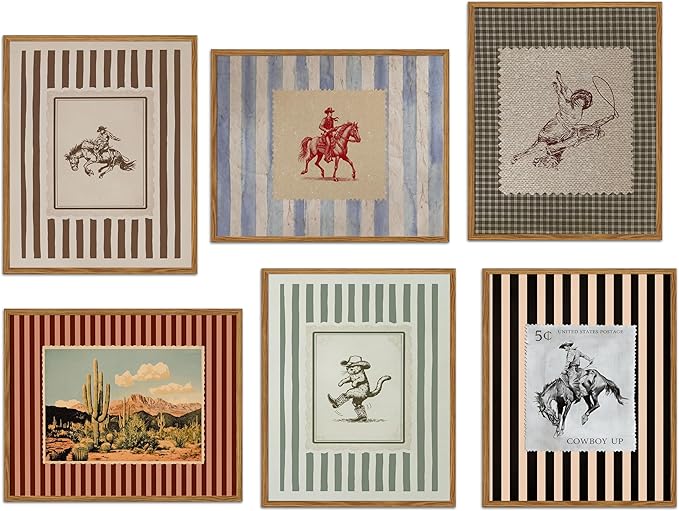 ZHARGL Vintage Western Posters Wall Art Set of 6, Striped Cowboy Canvas Wall Decor Paintings, Boho Farmhouse Southwest Prints Pictures for Living Room Bedroom Bathroom 12x16 Inch Unframed