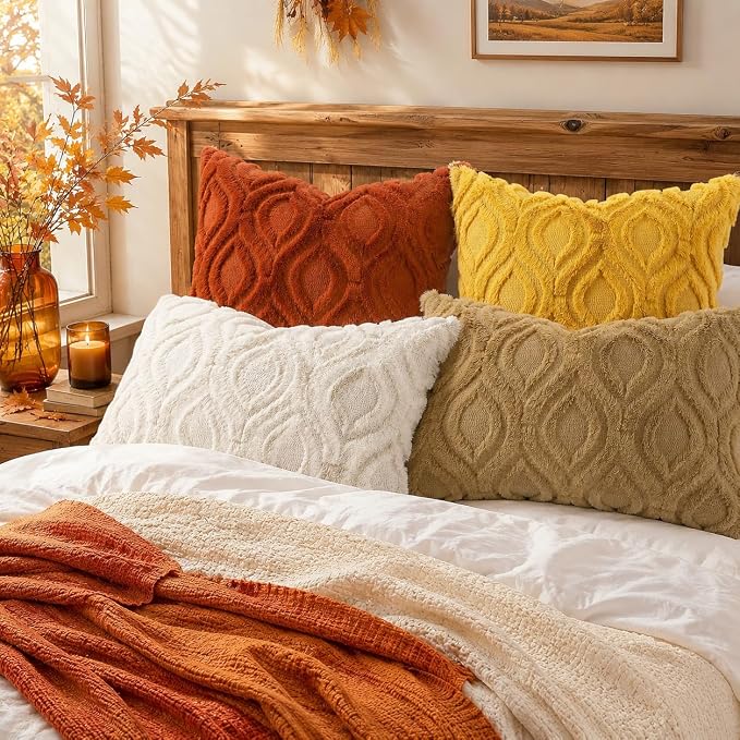 decorUhome Faux Fur Mustard Yellow Throw Pillow Covers 18x18 Set of 2 | Plush Solid Fall Couch Pillow Covers, Accent Modern Farmhouse Neutral Decorative Soft Pillow Cases for Sofa Bed Living Room