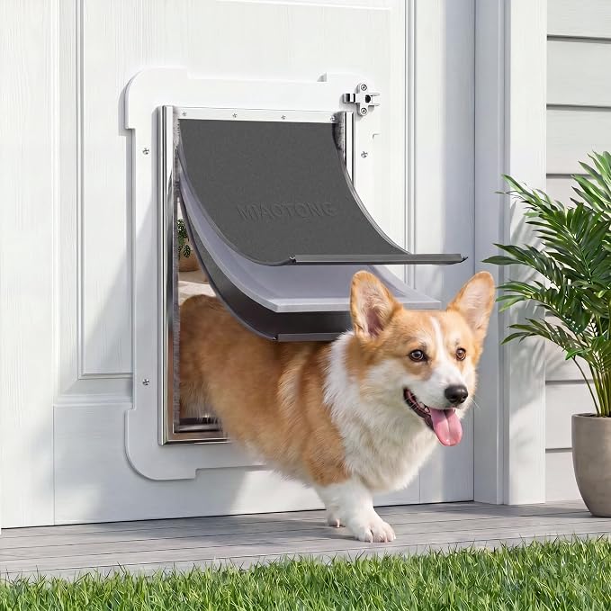 3-Flap Steel Medium Dog Door for Door with Metal Sliding Lock Panel | Energy Efficient Pet Door with Steel Frame, Telescoping Tunnel,Never Rust Ruff Weather Doggie Door（Pets Up to 40 Lb）