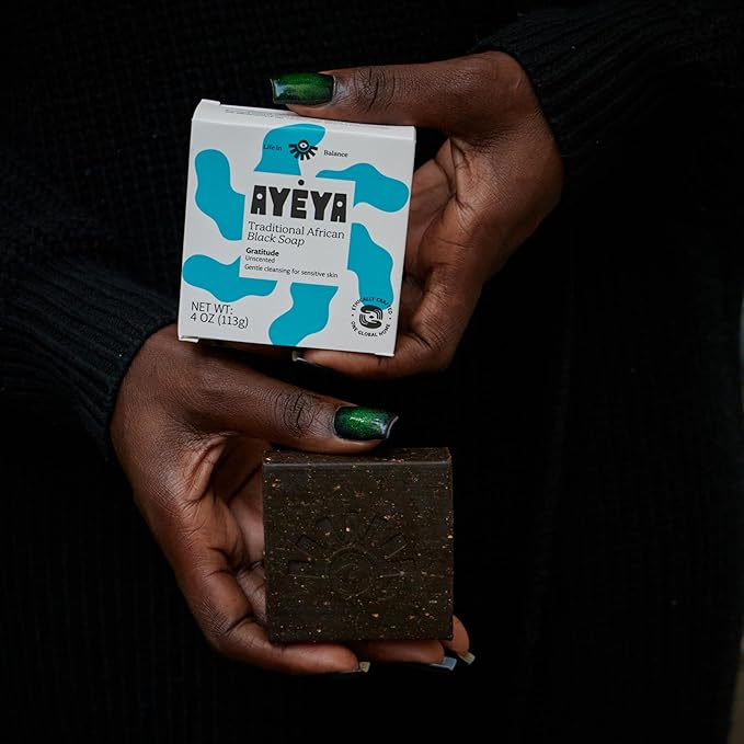 AYÉYA African Black Soap Bar, Fragrance Free (Gratitude) – Exfoliating Bar Soap for Dry, Combination, Sensitive, Acne-Prone Skin, 4 Oz