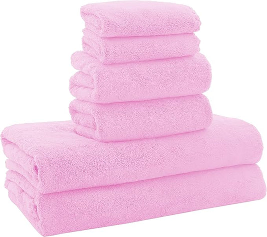 MOONQUEEN Ultra Soft Microfiber Coral Velvet Towel Set - Quick Drying - 2 Bath Towels, 2 Hand Towels, 2 Washcloths - Frozen Berry, 6 Pcs