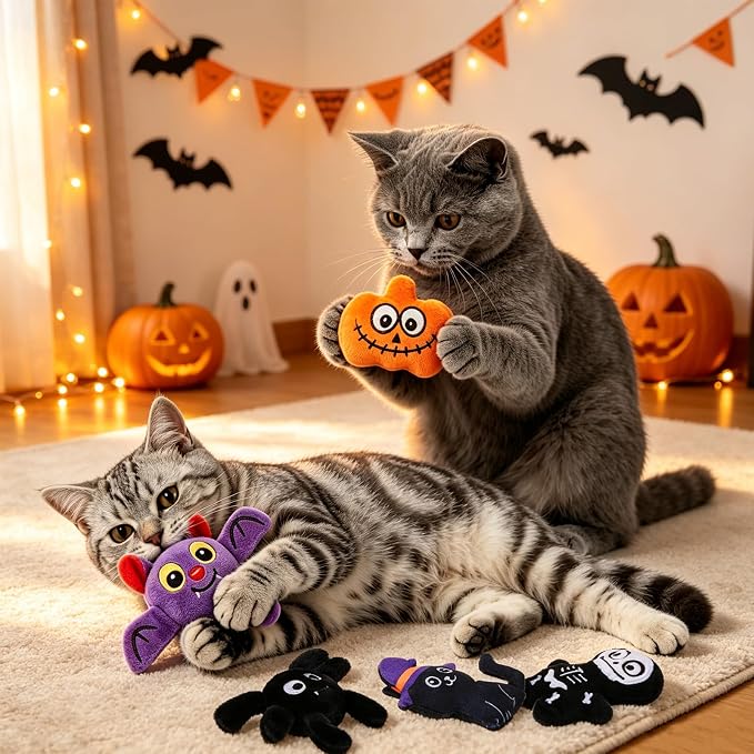 EXPAWLORER 5Pcs Halloween Catnip Toys for Cats-Pumpkin, Bat, Spider, Skeleton & Witch Cat, Cat Chew Toy with Crinkle Paper for Interactive Play & Relieve Boredom, Perfect for Teething Exercise & Gift