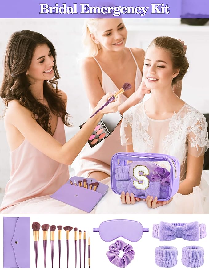 Gift Sets for Women, Initial Makeup Bag with Makeup Brush Set Bachelorette Party Favors, Purple Spa Kit with Skincare Headbands Wrist Bands Sleepover Party Supplies Gifts for Teen Girls Bridesmaid S