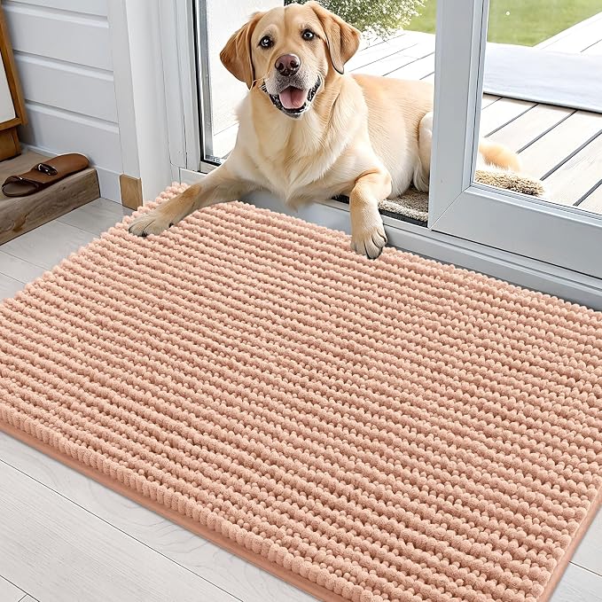OLANLY Dog Door Mat for Muddy Paws 36x24, Extra Absorbent Chenille Mud Mat | Peach, Absorbs Moisture and Dirt, Non-Slip Machine Washable Doormat, Quick-Drying Indoor Entryway Floor Mat for Dogs