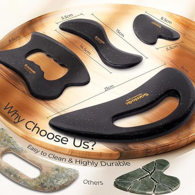 Scienlodic 4 Pcs Gua Sha Massage Tools for Face & Body (Black Gold, Resin) - Guasha Scraping Tool for Jawline Contouring, Puffiness Reduction, Neck, Back, Legs & Muscle Relaxation