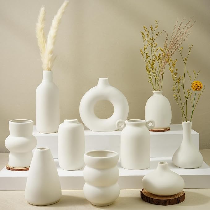 Small White Ceramic Vase Set of 10 Ceramic Bud Vases in Bulk Farmhouse Vase | for Pampas Grass Boho, Flowers, Decorative Modern Ceramic White Flower Vases for Home Decor, Entryway Table Decor