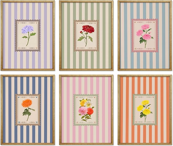 Vintage Floral Posters Wall Art Set of 6, Coquette Cute Stripe Botanical Stamp Canvas Wall Decor Painting, Colorful Flower Artwork Posters Prints for Bedroom Girls Room Dorm 8x10 Inch Unframed