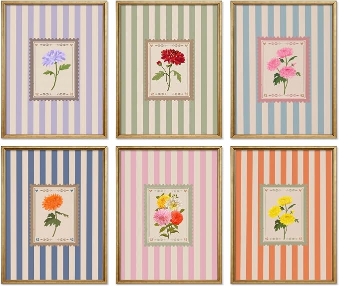 Vintage Floral Posters Wall Art Set of 6, Coquette Cute Stripe Botanical Stamp Canvas Wall Decor Painting, Colorful Flower Artwork Posters Prints for Bedroom Girls Room Dorm 12x16 Inch Unframed