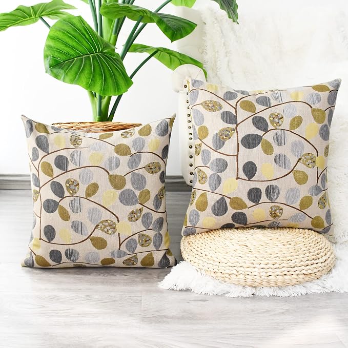 CaliTime Decorative Throw Pillow Covers 18 X 18 Inches Ecru Grey | Luxury Chenille Cute Leaves Cushion Case Shell for Couch Sofa Bed Living Room Home