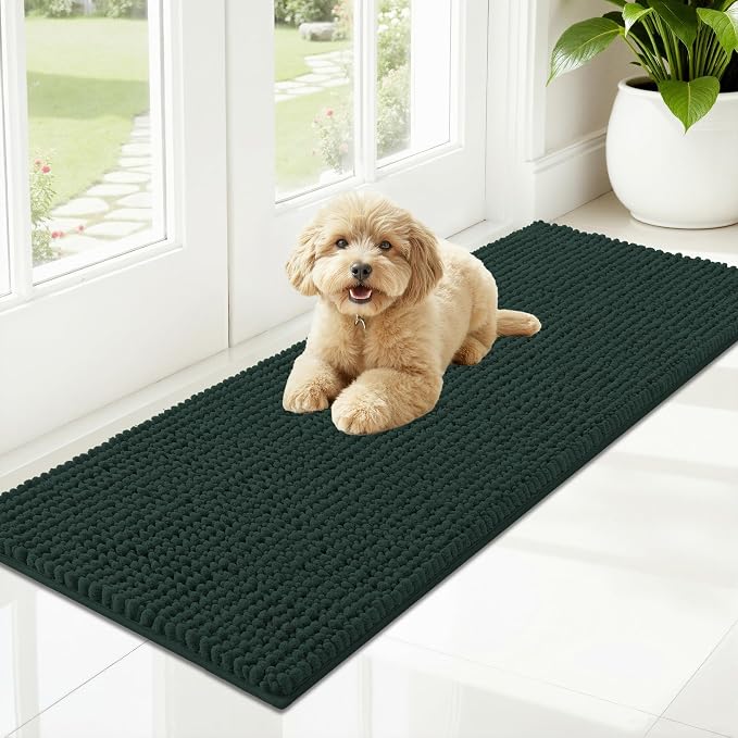 OLANLY Dog Door Mat for Muddy Paws 47x17, Extra Absorbent Chenille Mud Mat | Blackish Green, Absorbs Moisture and Dirt, Non-Slip Machine Washable Doormat, Quick-Drying Indoor Entryway Floor Mat for Dogs