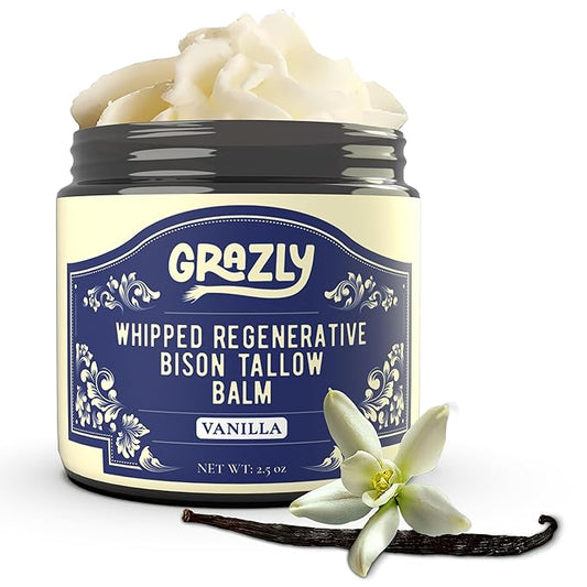 Whipped Bison Tallow Balm w/Manuka Honey, Jojoba, Organic Vanilla - Grass-Fed & Finished Organic Tallow Face Moisturizer - Face & Body Cream for Acne-Prone Skin - Nourishing Skincare (2.5 oz)
