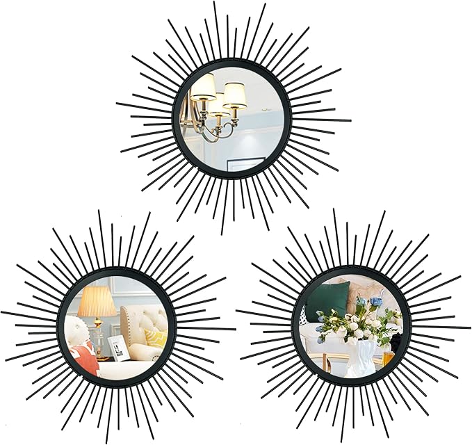 3 Pack Metal Mirrors for Wall Sunburst Wall Mirrors Home Décor Decorative Hanging Wall Art for Living Room Bedroom Entryway (Black, Sunburst)