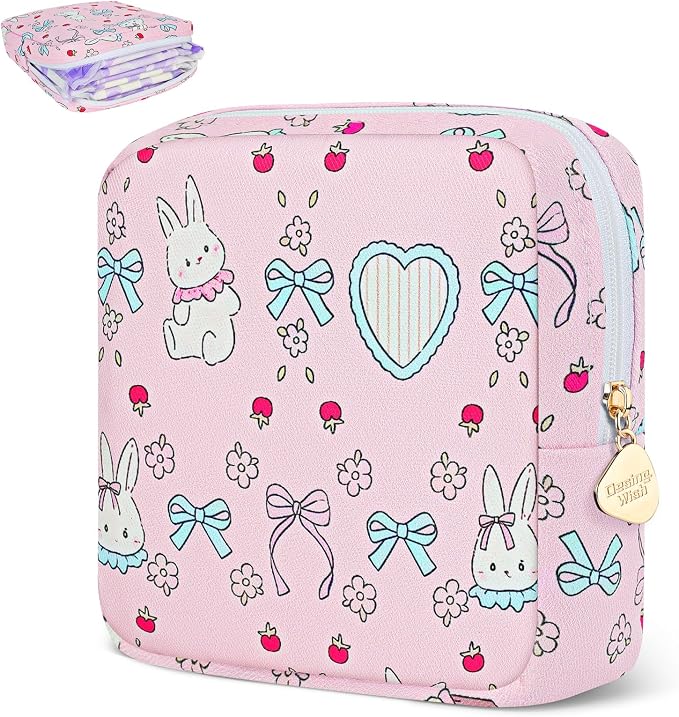 Sanitary Pad Storage Bag Portable Period Bag for Teen Pads/Sanitary Napkins/Small Tampons, Sanitary Napkin Storage Bag First Period Gifts for Teen Girls (Bowknot Rabbit)
