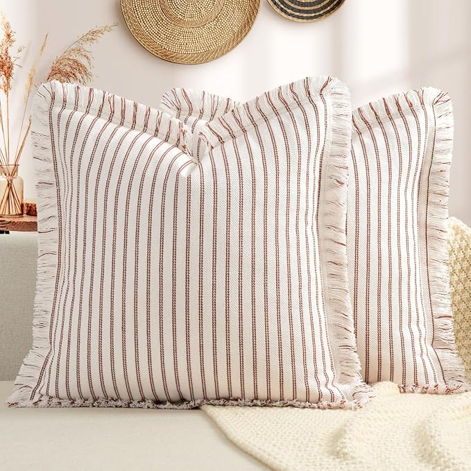 Fall Throw Pillow Covers 24x24 Set of 2 Striped Pillow Covers with Fringe Chic Cotton Decorative Pillows Square Cushion Covers for Sofa Couch Bed Living Room Fall Decor,Rust