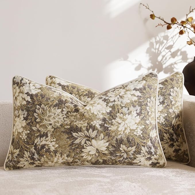 Pack of 2 Vintage Floral Pillow Covers 12x20 Boho Farmhouse Accents Chenille Rectangular Lumbar Decorative Throw Pillow Cases for Living Room Couch Bed Home Decor, Beige