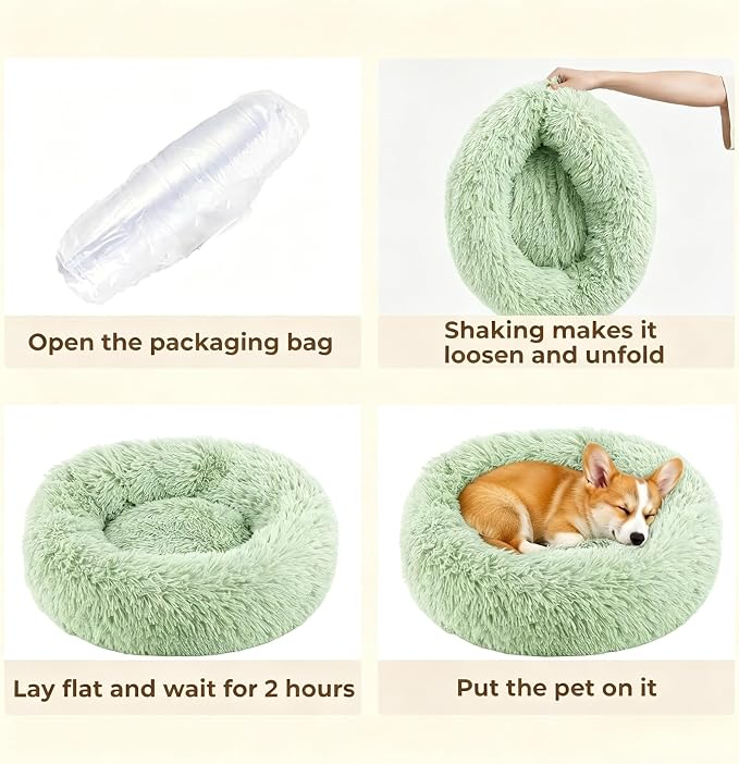Calming Donut Dog and Cat Bed for Indoor Cats, Anti-Anxiety Round Fluffy Soft Washable Small Pet Bed for Puppy and Kitten, Warming Comfortable Luxury Anti-Slip Waterproof Mute Base 20in Green