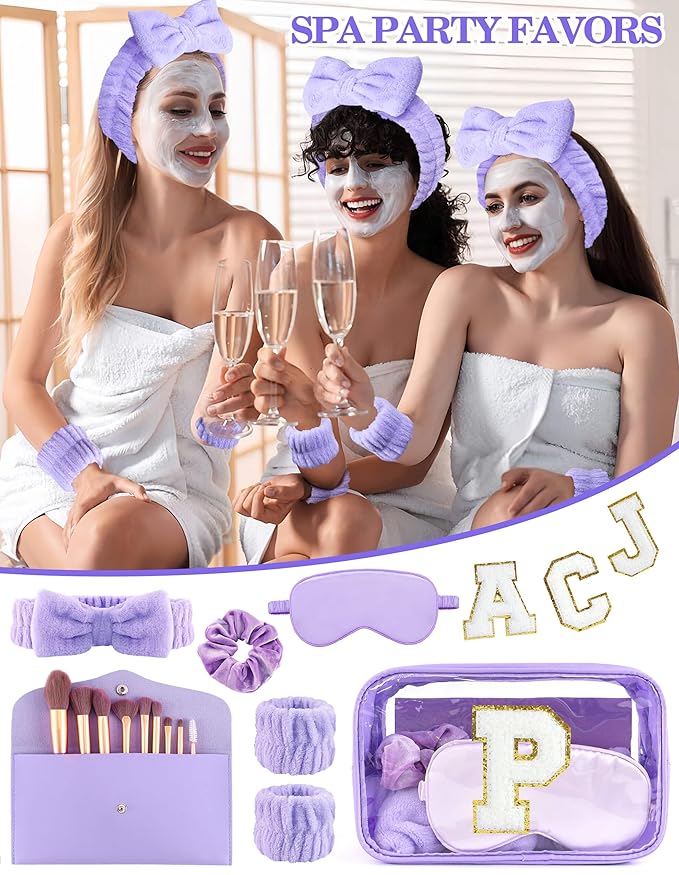 Gift Sets for Women, Initial Makeup Bag with Makeup Brush Set Bachelorette Party Favors, Purple Spa Kit with Skincare Headbands Wrist Bands Sleepover Party Supplies Gifts for Teen Girls Bridesmaid P