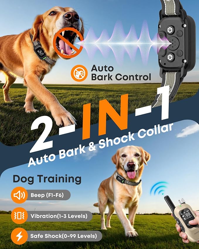 2-in-1 Dog Bark & Shock Collar with Remote, 4500FT Training Range