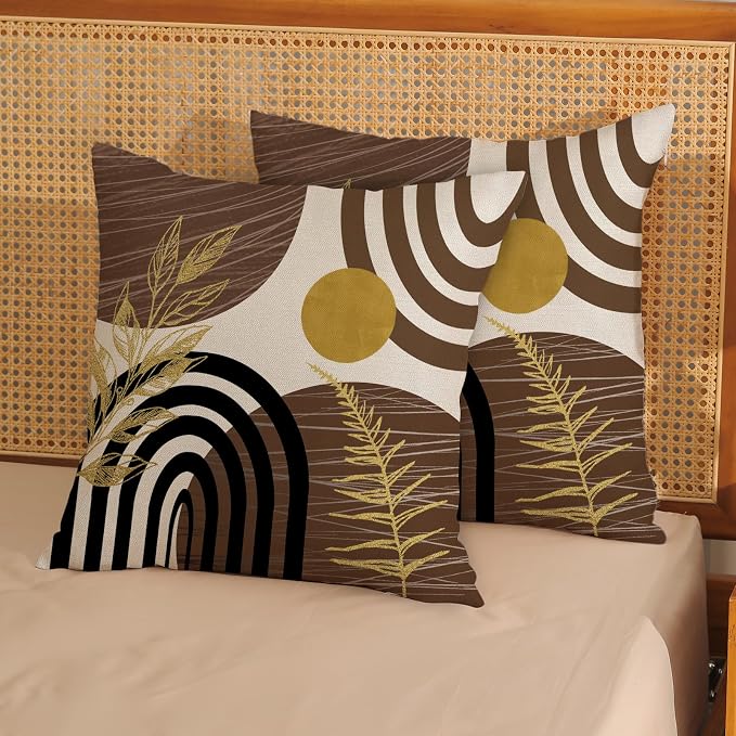 Boho Brown Pillow Covers 18x18 Set of 2 Brown Gold Leaf Tropical Decor Mid Century Throw Pillows Outdoor Bohemian Decorative Pillowcase Farmhouse Abstract Modern Cushion Case for Couch Sofa