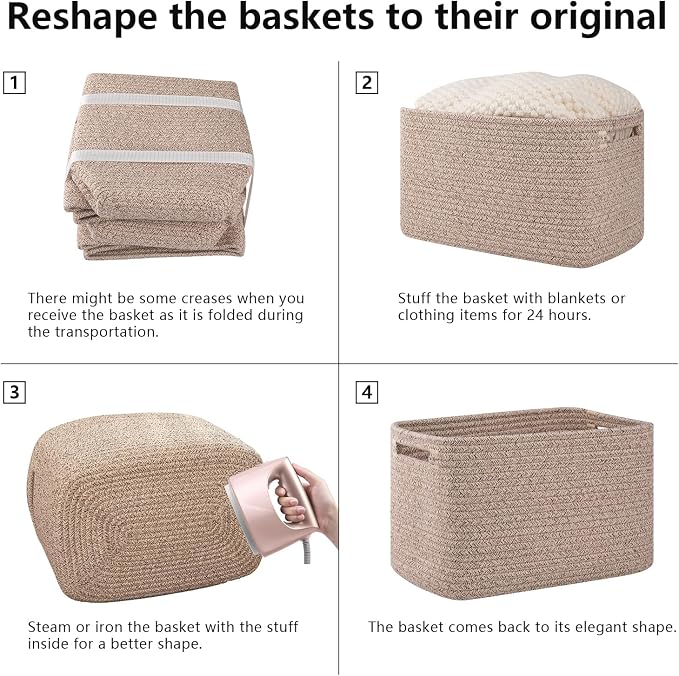 OIAHOMY 4 Pack Storage Baskets for Organizing, Cube Storage Bins for Shelves, Rectangle Storage Baskets With Handles, Woven Baskets for Storage, 16''Lx12''Wx8''H, Brown