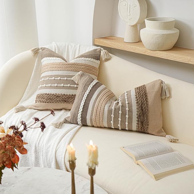 Brown Decorative Throw Pillow Cover 20x20 Square Boho Accent Pillowcase Tassels Farmhouse Cushion for Couch Sofa Bedroom Livingroom Home Décor Cover ONLY (Pack of 1)