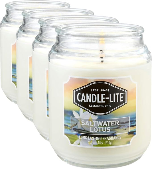 Candle-lite Scented Candles, Saltwater Lotus Fragrance, One 18 oz. Single-Wick Aromatherapy Candle with 110 Hours of Burn Time, White Color (Pack of 4)