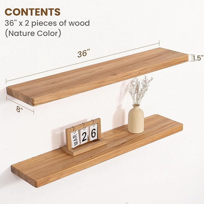 Floating Shelves for Wall, 36"Wx8"D Rustic Solid Elm Wood Floating Shelves Wall Mounted, Round Edge Wall Shelves with Invisible Bracket for Living Room Bathroom Bedroom Kitchen, Set of 2, Natural