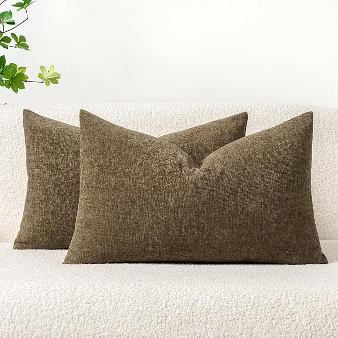 MIULEE Soft Chenille Fall Lumbar Throw Pillow Covers Coffee 12x20 Inch | Pack of 2, Modern Fall Decor, Classic Decorative Pillows, Solid Dyed Cases, Couch Cushion Covers for Sofa Bed Living Room